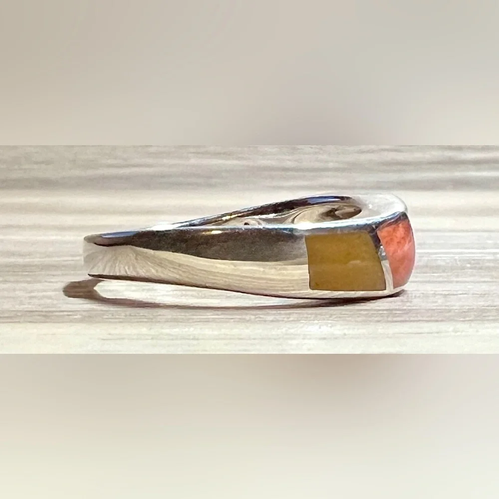 Eric Grossbardt Sterling Silver & 18K Gold Multi Stone Inlay Ring, Size 8.75